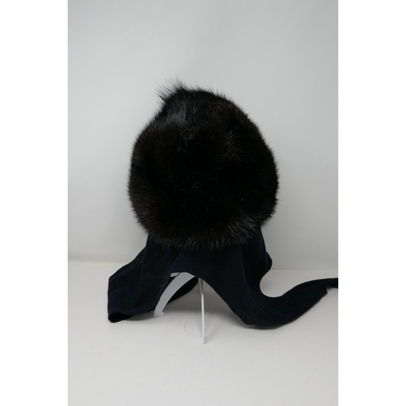 Canadian Hat Mfg Co 1980's Black Muskrat Fur Hat with Wool Scarf Ties - Picture 4 of 9